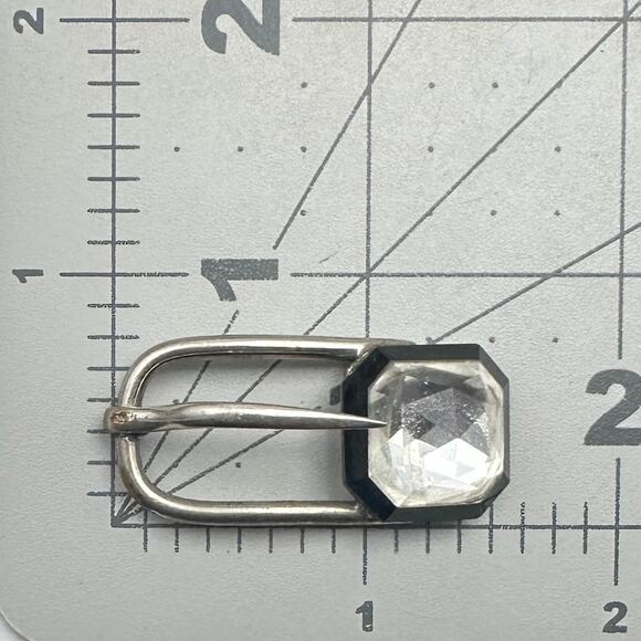 Made in France antique Art Deco silver tone clear black Czech glass belt buckle
